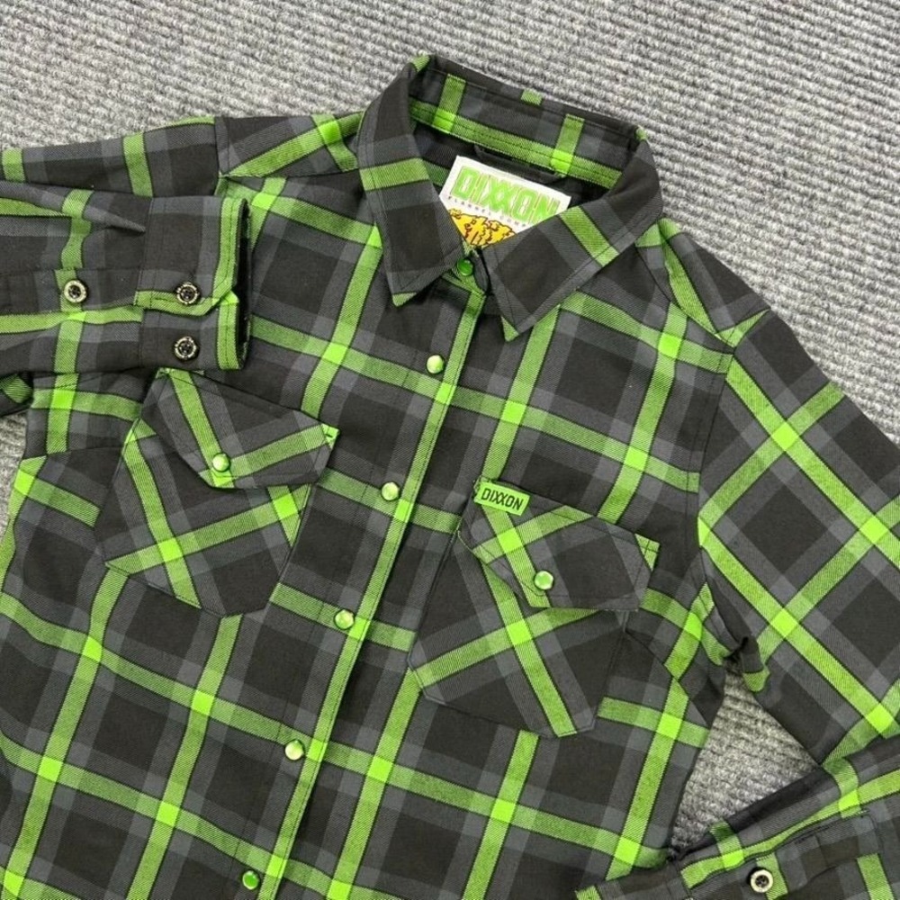 Dixxon Flannel Co Lime Green Black Plaid Button Down Shirt Womens Small Workwear
